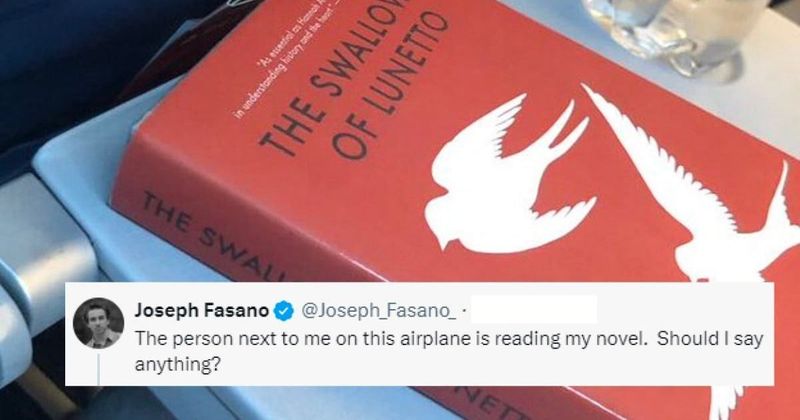 Author spots a fan reading his book on the flight and decides to play the fool